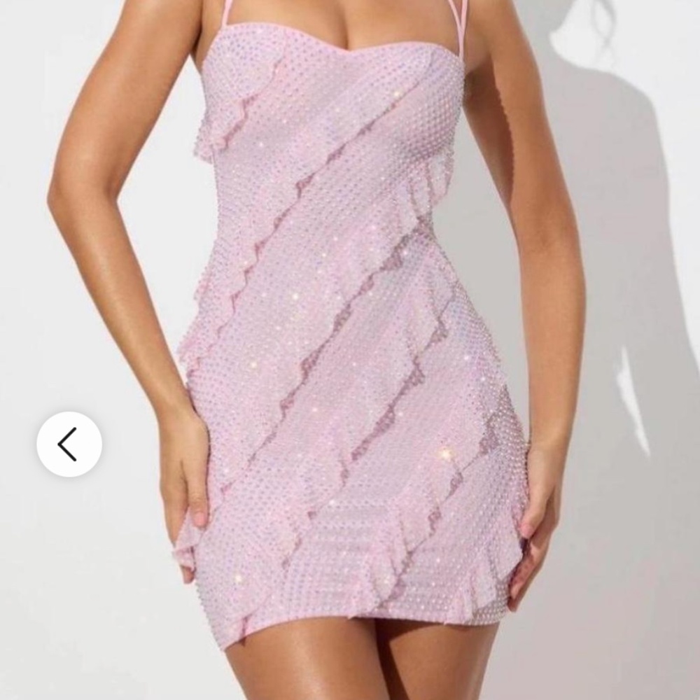 Embellished Ruffle Mini Dress in Pink